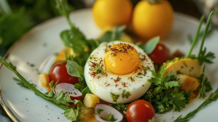 A beautifully arranged salad featuring a soft-cooked egg yolk surrounded by fresh greens, cherry tomatoes, and herbs. Perfect for a healthy meal.の素材