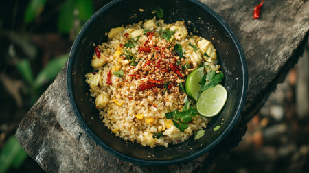 A vibrant rice dish featuring fresh ingredients, garnished with lime and herbs, set in a rustic bowl. Ideal for showcasing delicious and healthy cuisine.の素材