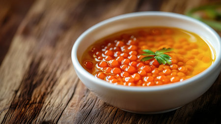 A bowl of fresh salmon roe sits elegantly atop a rustic wooden table, garnished with a sprig of green. This vibrant seafood dish is a culinary delight.の素材