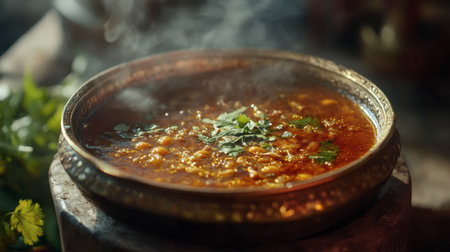 Delight in the warmth of a spicy lentil soup served in a traditional bowl, garnished with fresh herbs. Perfect for culinary inspirations and cozy meals.の素材