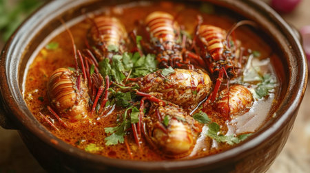A vibrant seafood stew featuring crustaceans and fresh herbs, served in a rustic bowl. Perfect for culinary enthusiasts looking for delicious flavors.の素材