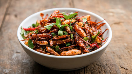 A vibrant bowl of spiced stir-fried insects showcases a unique culinary experience, garnished with fresh herbs and spices. Perfect for adventurous eaters!の素材