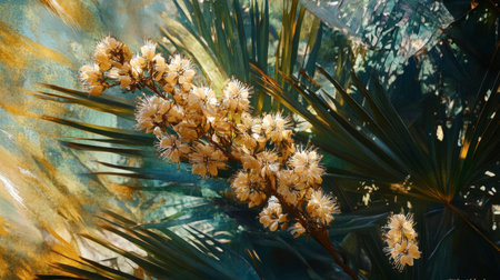 A stunning representation of a tropical flowering plant showcasing beautiful blossoms amidst lush green palm leaves, creating a vibrant and serene atmosphere.の素材