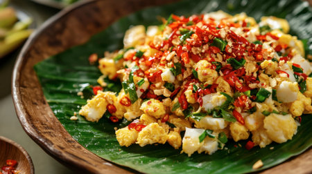 A vibrant plate showcasing fried egg mixed with peppers, herbs, and peanuts, creating a colorful and spicy culinary delight suitable for any occasion.の素材