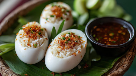 This image showcases a delightful rice dish served in elegant white dumplings, garnished with herbs and accompanied by a flavorful dipping sauce. Perfect for food lovers!の素材