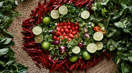 Vibrant display of fresh vegetables and herbs arranged artfully on a straw mat. Ideal for culinary projects, healthy cooking inspiration, and farm-to-table themes.の素材