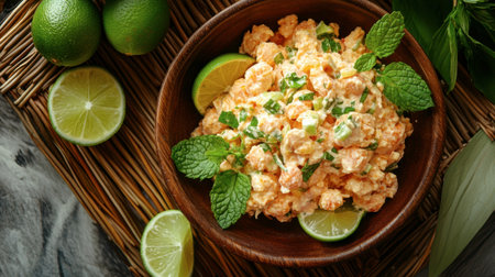 A vibrant shrimp salad served in a wooden bowl, garnished with fresh lime and mint leaves. Perfect for summer gatherings or healthy meals.の素材