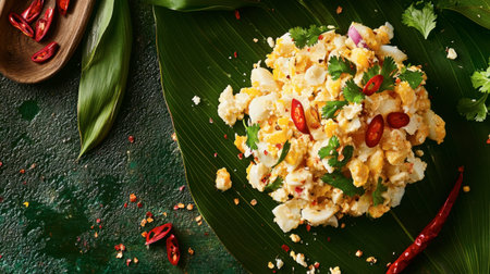 A vibrant egg salad garnished with fresh herbs and spices, beautifully presented on green leaves. This dish represents healthy eating and culinary creativity, perfect for any occasion.の素材