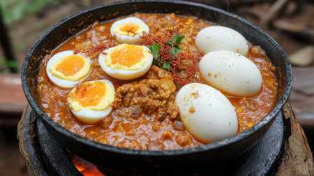 A delicious savory dish featuring boiled eggs nestled in a rich, spicy tomato sauce, simmering on the stove, showcasing vibrant colors and textures.の素材