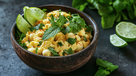 A vibrant bowl of fresh salad featuring mint leaves and lime slices, perfect for a healthy meal or snack. Experience the bright flavors and textures.の素材