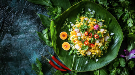 This vibrant salad features an array of fresh vegetables and herbs artfully arranged on a green leaf plate, perfect for showcasing healthy cuisine and summer flavors.の素材