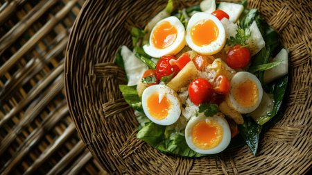 A vibrant salad featuring fresh greens, soft-boiled eggs, and juicy cherry tomatoes. Perfect for a nutritious meal or light snack, this dish is colorful and appetizing.の素材