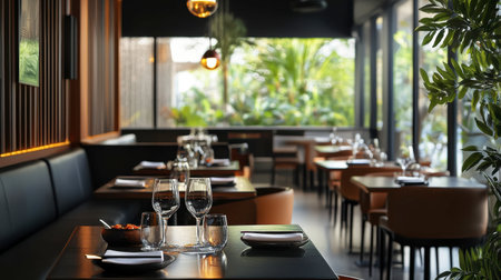 A stunning view of a modern restaurant interior featuring elegant furniture, ambient lighting, and lush greenery. Perfect for capturing dining experiences.の素材