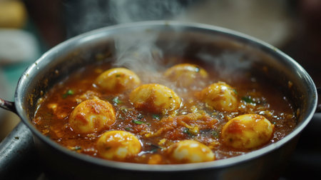 A close-up of egg curry simmering in a pot with spices, emitting steam. This dish showcases vibrant flavors and a comforting aroma, perfect for food lovers.の素材