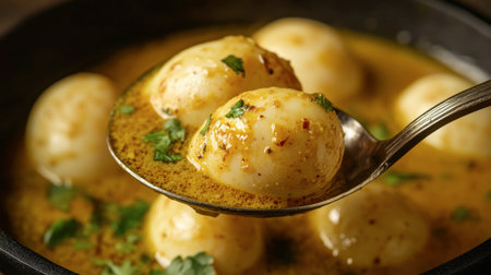 Enjoy a mouthwatering view of a spicy egg curry, served hot in a bowl and garnished with fresh coriander, perfect for any meal.の素材