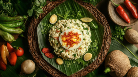 A beautifully arranged traditional dish featuring rice, spices, and fresh vegetables, garnished with saffron and herbs, presenting a vibrant and healthy meal option.の素材
