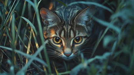 A curious cat hides among the tall green grass, showcasing its intense yellow eyes. The scene captures the essence of feline instinct and outdoor exploration.の素材