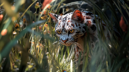 A stunning wild cat stealthily navigates through a lush jungle, showcasing its remarkable camouflage and intense gaze amid vibrant foliage.の素材