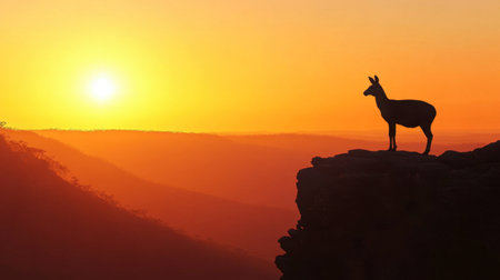 A stunning silhouette of a deer stands majestically at sunset, overlooking a breathtaking landscape. The vibrant colors create a serene atmosphere.の素材