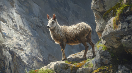A majestic mountain goat stands confidently atop a rocky outcrop, showcasing its beautiful fur against a serene natural backdrop, perfect for wildlife photography.の素材