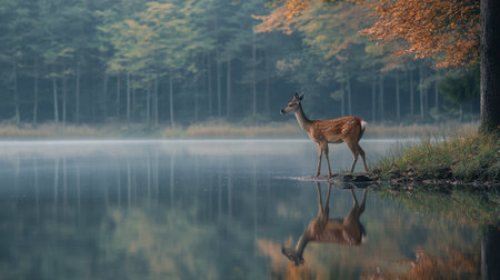 A tranquil scene featuring a deer standing by a calm lake, with vibrant autumn foliage in the background. The misty atmosphere enhances the serene beauty of nature.の素材