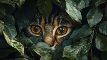 A captivating close-up of a cat peering through lush green leaves, showcasing its striking golden eyes that convey curiosity and serene beauty in nature.の素材