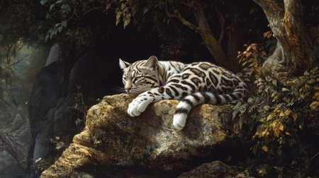 A serene scene featuring a white leopard resting on a rock amidst lush forest greenery. This captivating image portrays the beauty and elegance of wildlife in a tranquil setting.の素材