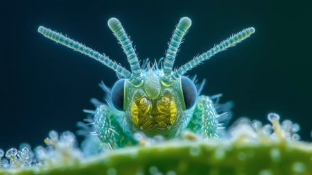 This stunning macro photograph captures the intricate detail of a vibrant green insect. Its striking features, including vivid colors and delicate textures, evoke the beauty of nature.の素材