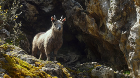 A majestic goat stands proudly near a rocky cave, surrounded by natural beauty. This serene scene captures the essence of wildlife in its native habitat.の素材