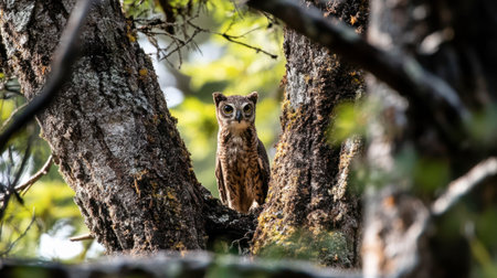 A young owl perches quietly on a sturdy tree branch, surrounded by vibrant greenery. The photograph captures the intricate details of its feathers and inquisitive expression in a serene forest environment.の素材