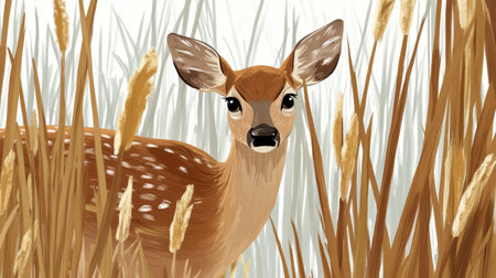 A charming fawn peers curiously from a sea of tall grasses, capturing the essence of wildlife in its natural habitat. This serene scene highlights the beauty of nature.の素材