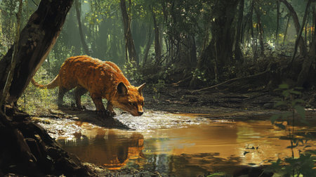 A captivating wild animal with orange fur approaches a tranquil water source. This scene showcases the beauty of nature, highlighting serene moments in wildlife and the intricate balance of the ecosystem.の素材