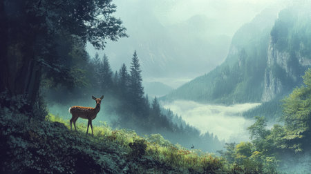 A tranquil forest landscape featuring a deer standing in the foreground, surrounded by misty mountains and lush greenery, evoking a sense of peace.の素材