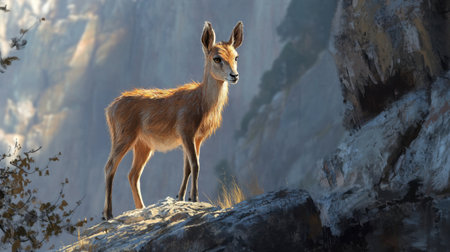 A young antelope stands proudly on a rocky outcrop, surrounded by a serene natural environment. Soft sunlight highlights its elegant fur and gentle demeanor.の素材