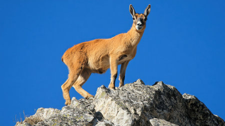 A chamois stands proudly atop a rocky peak, showcasing its beauty against a vivid blue sky. This majestic animal thrives in alpine environments, embodying wilderness spirit.の素材