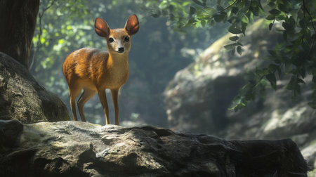 A young deer stands gracefully on a rock in a tranquil forest, basking in soft sunlight. Surrounded by lush greenery, this serene wildlife scene captures the beauty of nature.の素材