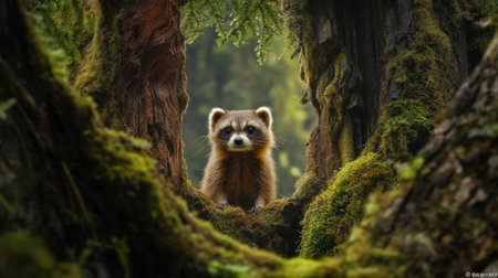 A curious raccoon peeks out from a tree hollow, surrounded by vibrant moss and lush forest greenery, showcasing the beauty of wildlife in a serene environment.の素材