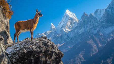 A Himalayan goat stands majestically on a rocky outcrop, overlooking breathtaking mountain scenery. The snow-capped peaks and clear blue sky enhance the serene beauty of this wildlife encounter.の素材
