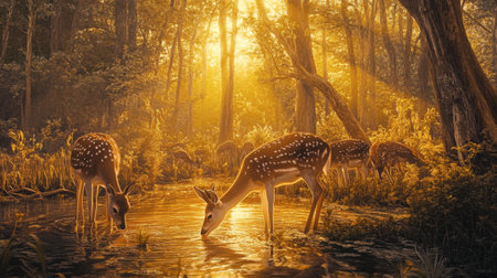Majestic deer gather around a tranquil stream, illuminated by golden sunlight filtering through the trees, capturing a moment of serene beauty in nature.の素材