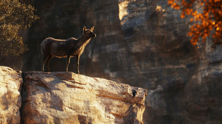 A stunning image of a majestic animal standing proudly on a rock under the golden light of sunset, capturing the essence of wilderness and natural beauty.の素材