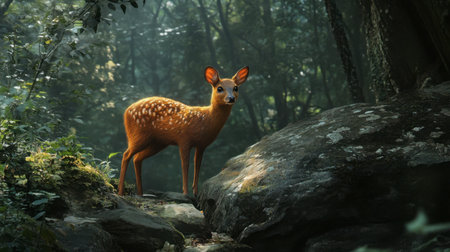 A beautiful young fawn stands amidst rocks and lush greenery in a tranquil forest setting, capturing the essence of wildlife and nature's peaceful coexistence.の素材
