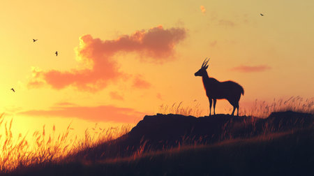 A stunning silhouette of an antelope atop a hill during a vibrant sunset. The sky is filled with warm hues, creating a serene and tranquil atmosphere.の素材