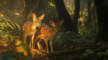 Two young fawns stand together in a tranquil forest, bathed in warm sunlight. The serene atmosphere showcases their innocence and beauty in nature.の素材