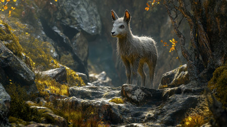 A cute young goat stands gracefully among rocks and lush foliage in a sunlit forest, evoking a sense of adventure and tranquil charm in nature.の素材