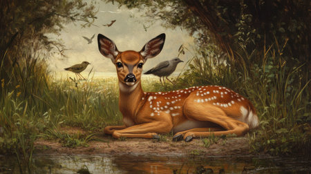 A beautiful young fawn rests peacefully in a lush green forest, surrounded by gentle birds. The serene scene captures nature's beauty and tranquility.の素材
