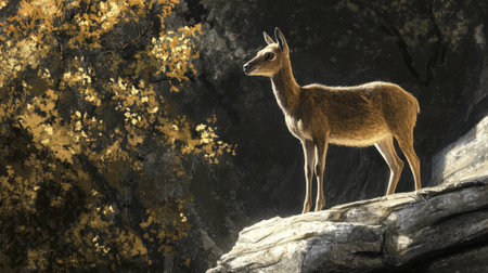 An elegant deer stands majestically on a rock, surrounded by vibrant autumn foliage. The interplay of light and shadow creates a serene atmosphere in the wilderness.の素材