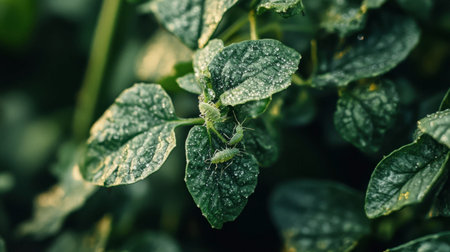 Stunning close-up of fresh green leaves adorned with dew drops and tiny insects, showcasing nature's delicate beauty and vibrant life in a garden setting.の素材