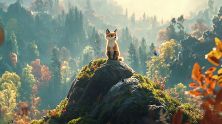 A charming fox stands proudly on a rocky outcrop surrounded by a vibrant forest in autumn. The scene captures the beauty of wildlife and nature exploration with rich colors.の素材