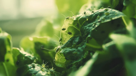 A close-up view of fresh green lettuce leaves affected by insect infestation in a natural setting, highlighting the intricate details of plant life and pest damage.の素材