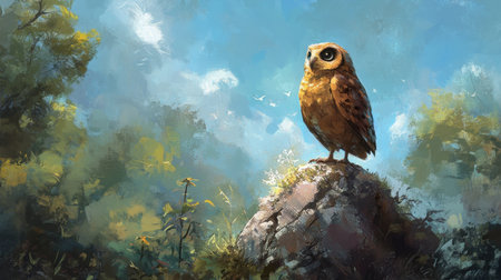 A majestic owl perches on a rocky surface surrounded by lush greenery. The scene combines vibrant colors and a serene atmosphere, ideal for nature lovers.の素材